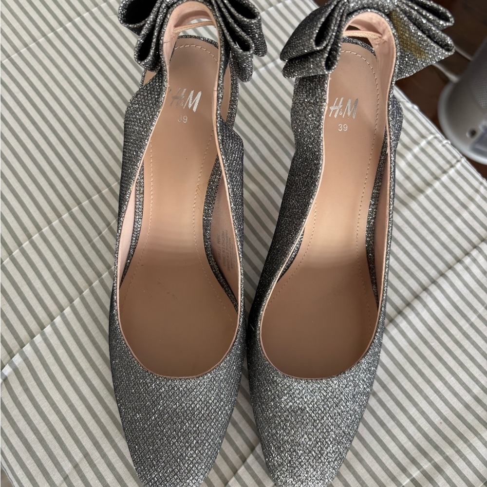 H&M Glittering Silver Heels with Bow Accent